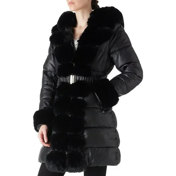 Women Puffer Coat/Parka with Long Fur Collar Hooded Winter Fashion Belted-Black - Picture 3 of 6